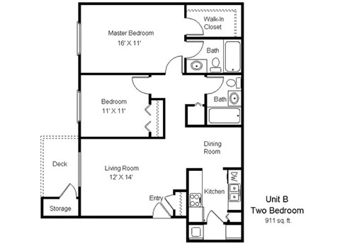 A drawing of a floor plan for a two bedroom apartment.